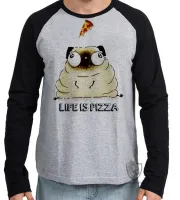 Camiseta manga longa Infantil ou Adulto Life is pizza pug dog cachorro cão - Foto 2