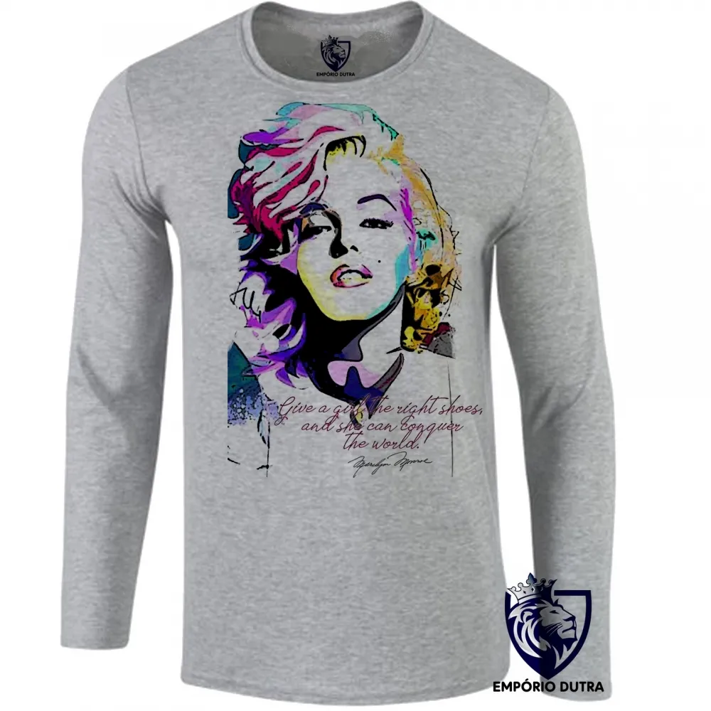 Camiseta manga longa Infantil ou Adulto Marilyn Monroe frase sapatos mundo
