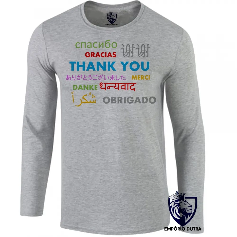 Camiseta manga longa Infantil ou Adulto obrigado várias línguas idiomas