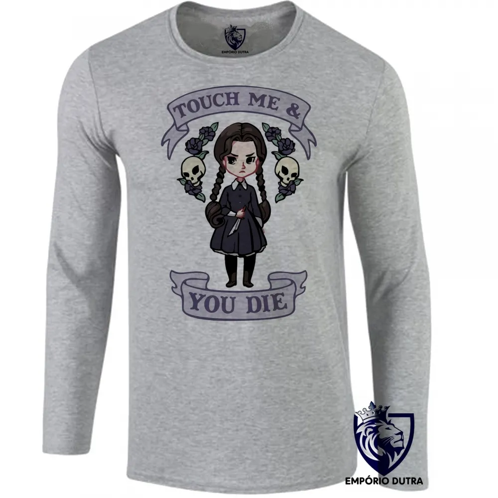 Camiseta manga longa Infantil ou Adulto Touch me you die dead menina faca morte Imagem