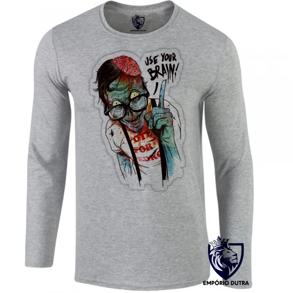 Camiseta manga longa Infantil ou Adulto Zombie use your brain cerebro caveira Imagem