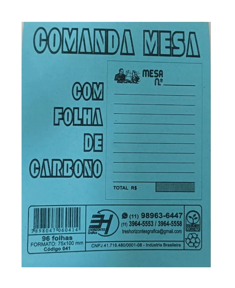 Talão Comanda Com Carbono 96 Folhas 75x100mm