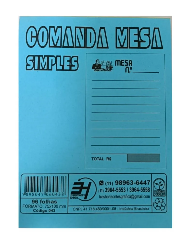 Talão Comanda Simples 96 Folhas 75x100mm