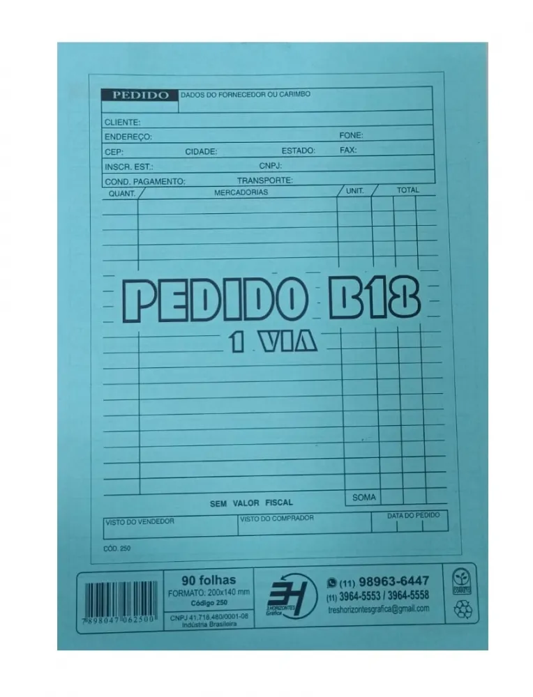 Talão Pedido B18 Uma Via 90 Folhas 200x140mm