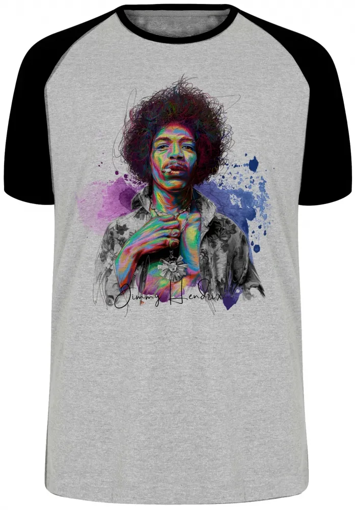 Camiseta adulto ou infantil Jimmy Hendrix colorido rock guitarra