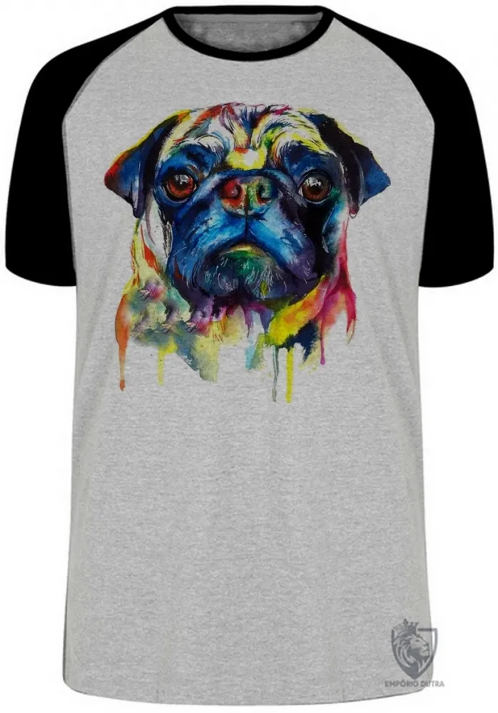 Camiseta adulto ou infantil cachorro cão dog pug colorido pintura color