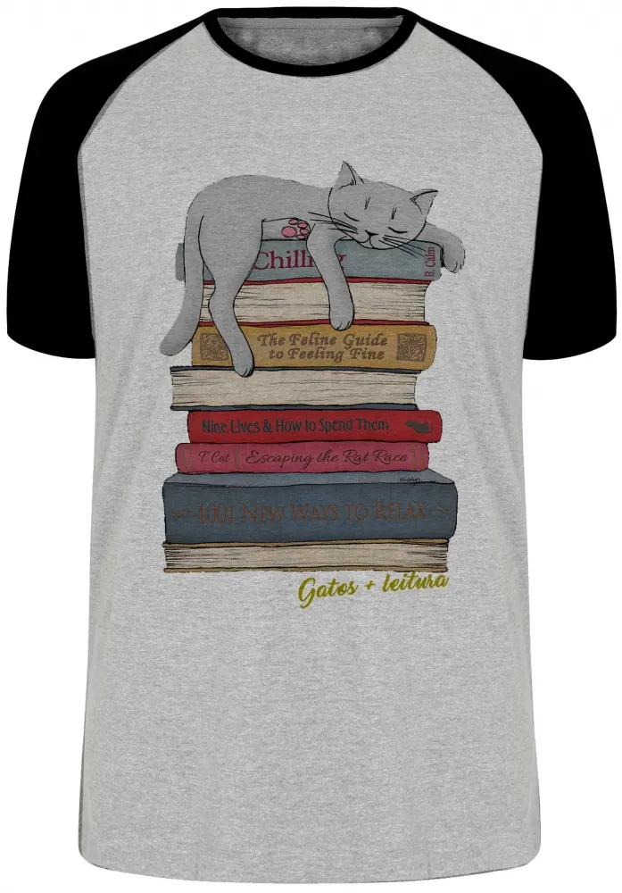Camiseta adulto ou infantil Gatos leitura pilha livros cat