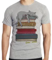 Camiseta adulto ou infantil Gatos leitura pilha livros cat - Foto 3