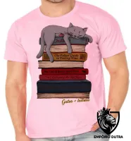 Camiseta adulto ou infantil Gatos leitura pilha livros cat - Foto 4