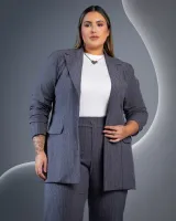 Conjunto Blazer Calça Alfaiataria Diva's Voga Listrado Cinza/Branco - Foto 3