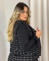 Conjunto Colete Saia Shorts Tweed Diva's Voga Xadrez Preto/Branco - Foto 2