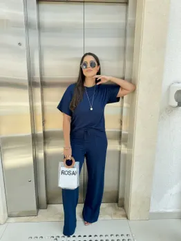 CONJUNTO BLUSA E CALÇA RETA -  AZUL MARINHO GG