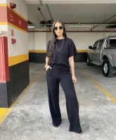 CONJUNTO BLUSA E CALÇA RETA -  PRETO E AZUL MARINHO - Foto 3