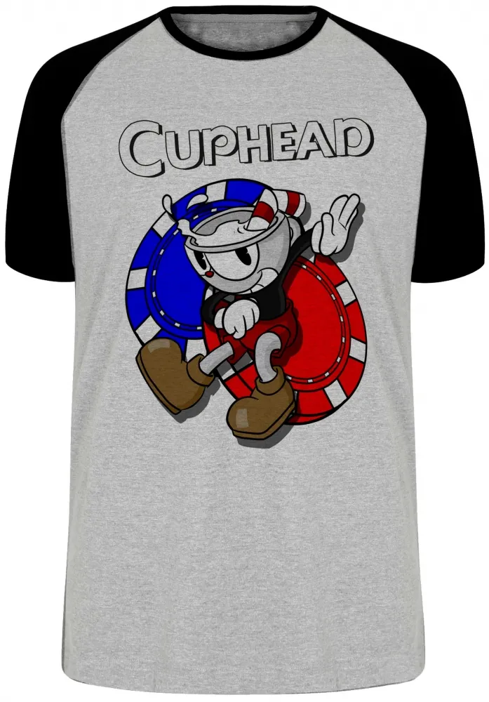 Camiseta adulto ou infantil Cuphead azul vermelho jogo game Imagem