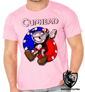 Camiseta adulto ou infantil Cuphead azul vermelho jogo game - Foto 2