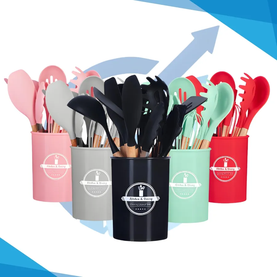 Kit 12 Utensílios De Cozinha Em Silicone E Cabo De Madeira Imagem
