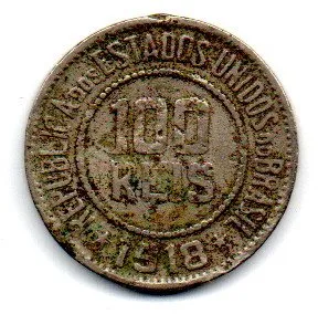 1918 - 100 Réis - Moeda Brasil - C/ Danos (Mossas)