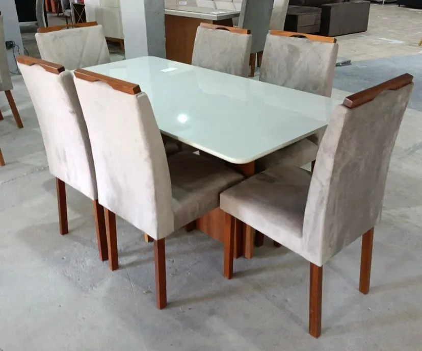 Mesa Madrid 6 Cadeiras california 1,60x80 MADEIRA com tampo de vidro Boleado ponta