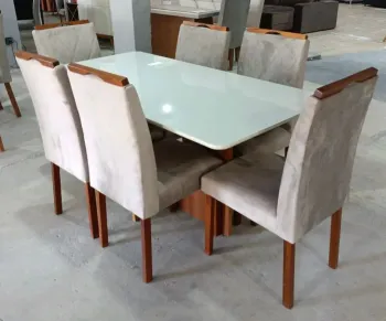 Mesa Madrid 6 Cadeiras california 1,60x80 MADEIRA com tampo de vidro Boleado ponta