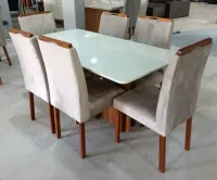 Mesa Madrid 6 Cadeiras california 1,60x80 MADEIRA com tampo de vidro Boleado ponta