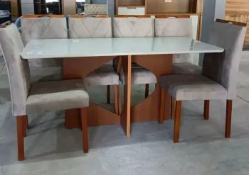 Mesa Madrid 6 Cadeiras 1,60x80 MADEIRA com tampo de vidro Boleado ponta - Foto 2