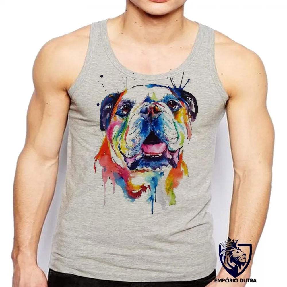 Camiseta Regata adulto ou infantil cachorro bulldog Buldogue colorido Imagem