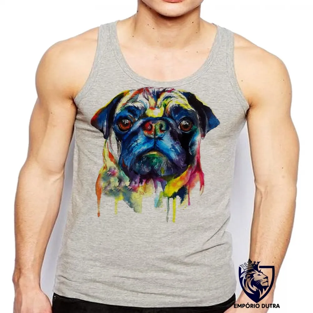Camiseta Regata adulto ou infantil cachorro cão dog pug colorido pintura color