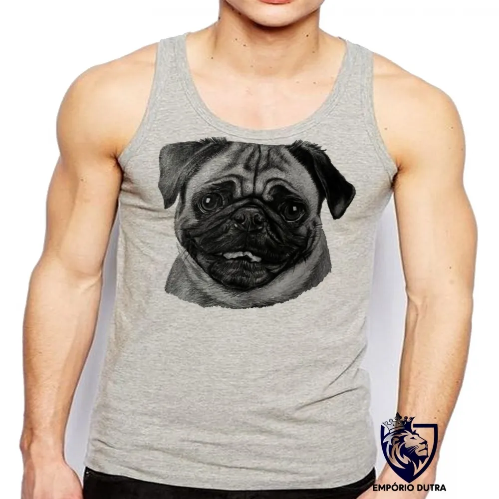 Camiseta Regata adulto ou infantil cachorro cão dog pug preto e branco Imagem