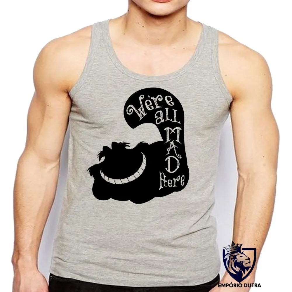 Camiseta Regata adulto ou infantil gato Were all mad here gato cat preto black