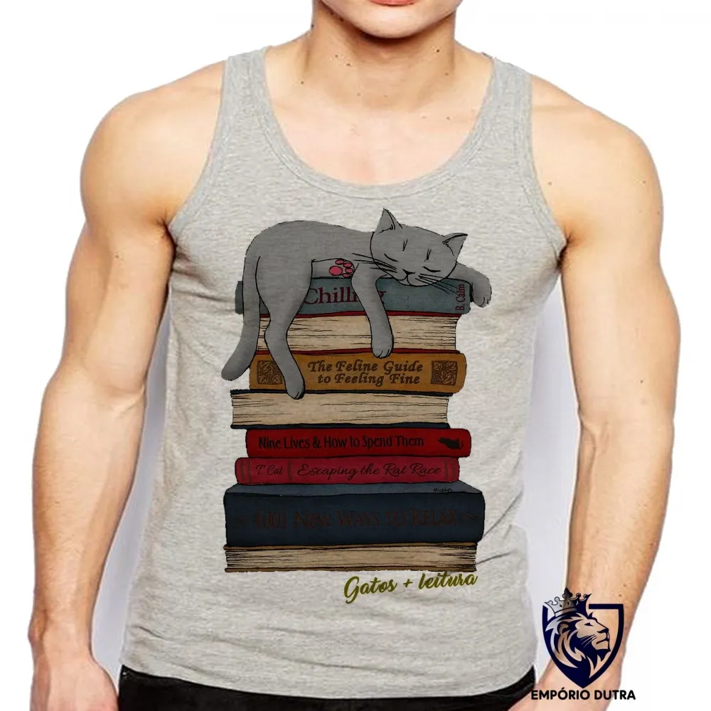 Camiseta Regata adulto ou infantil Gatos leitura pilha livros cat