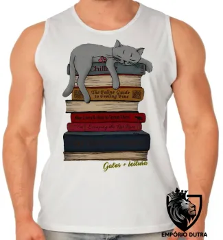 Camiseta Regata adulto ou infantil Gatos leitura pilha livros cat - Foto 2