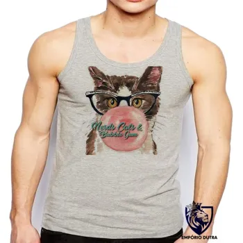 Camiseta Regata adulto ou infantil Gatos nerds chicletes cats bubble gum