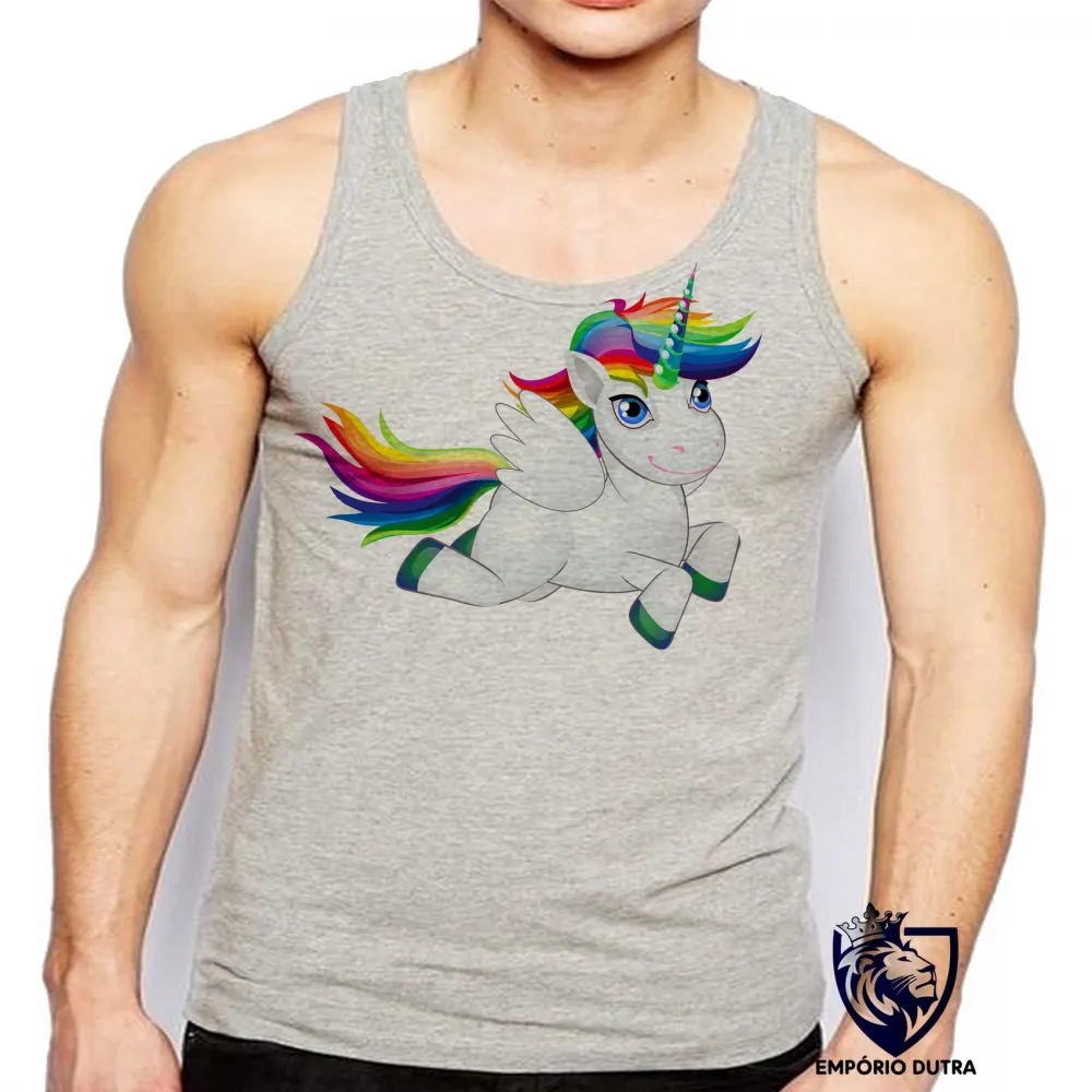 Camiseta Regata adulto ou infantil unicornio cavalo colorido salto