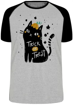 Camiseta adulto ou infantil Cat trick treat gato doce travessura