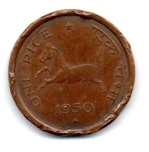Índia - 1950 - 1 Pice - Amassada