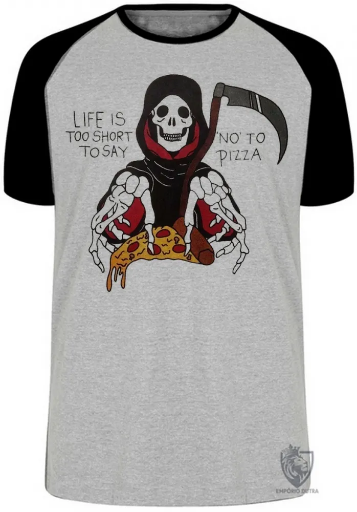 Camiseta adulto ou infantil Life is too short to say no to pizza caveira morte Imagem