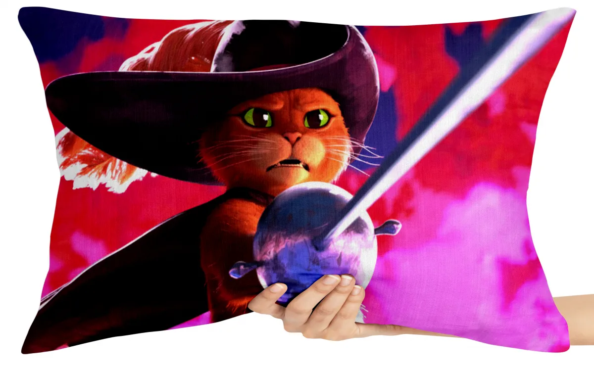 Capa de Almofada ou Travesseiro Gato de Botas espada viagem