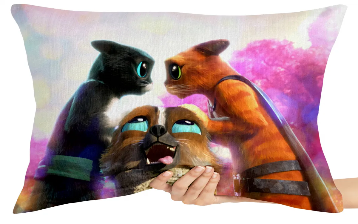 Capa de Almofada ou Travesseiro Gato de Botas, Kitty e Perrito