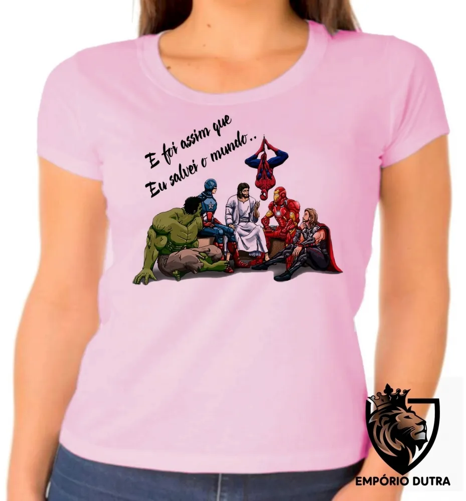 Baby look blusa Feminina Jesus foi assim que eu salvei o mundo vingadores Imagem