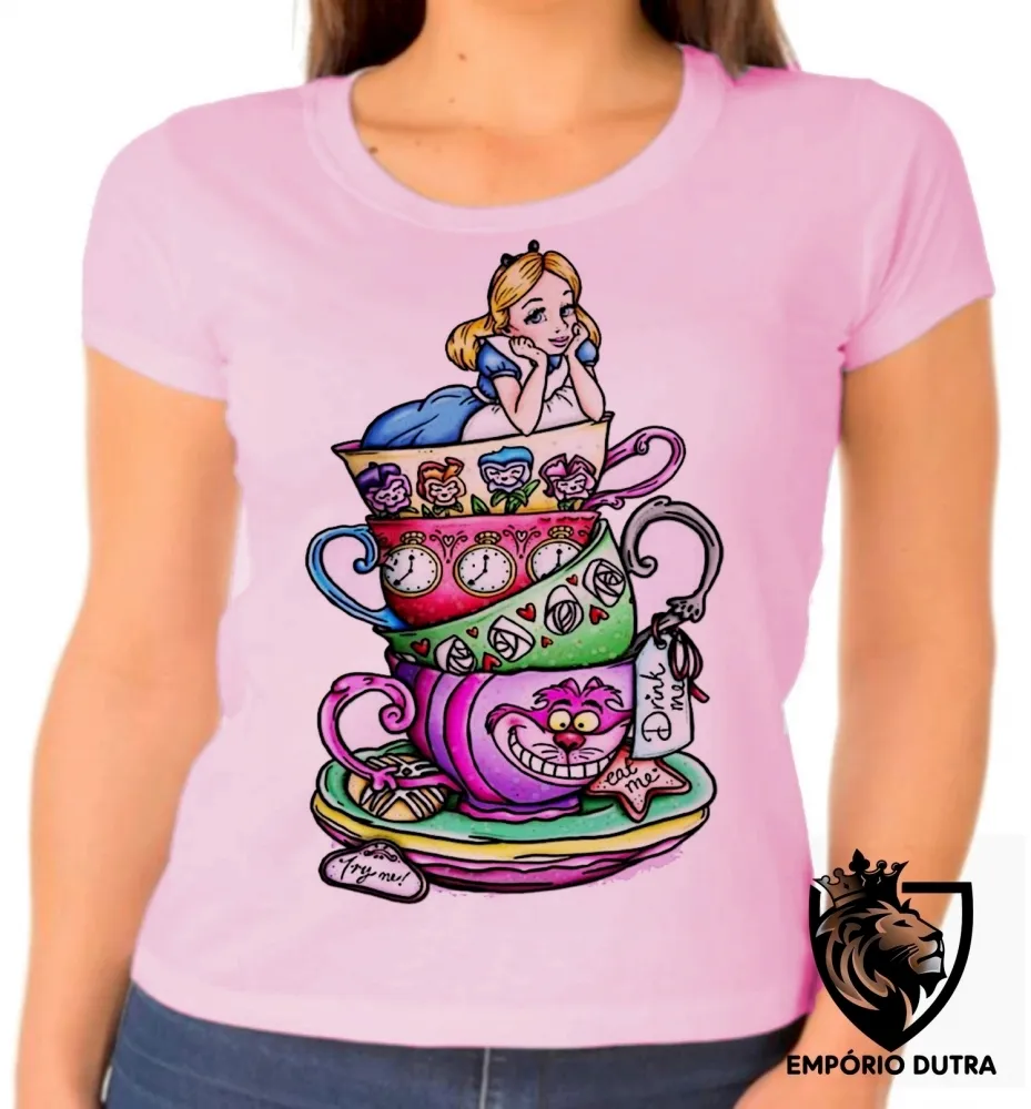Baby look blusa Feminina Alice e gato no pais das maravilhas