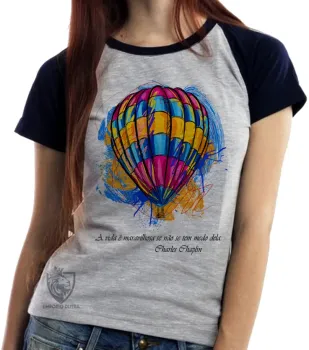 Baby look blusa Feminina balão frase Charles Chaplin - Foto 2