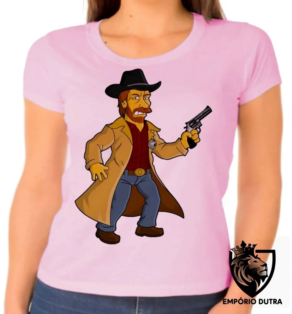 Baby look blusa Feminina chuck norris simpsons texas ranger revolver