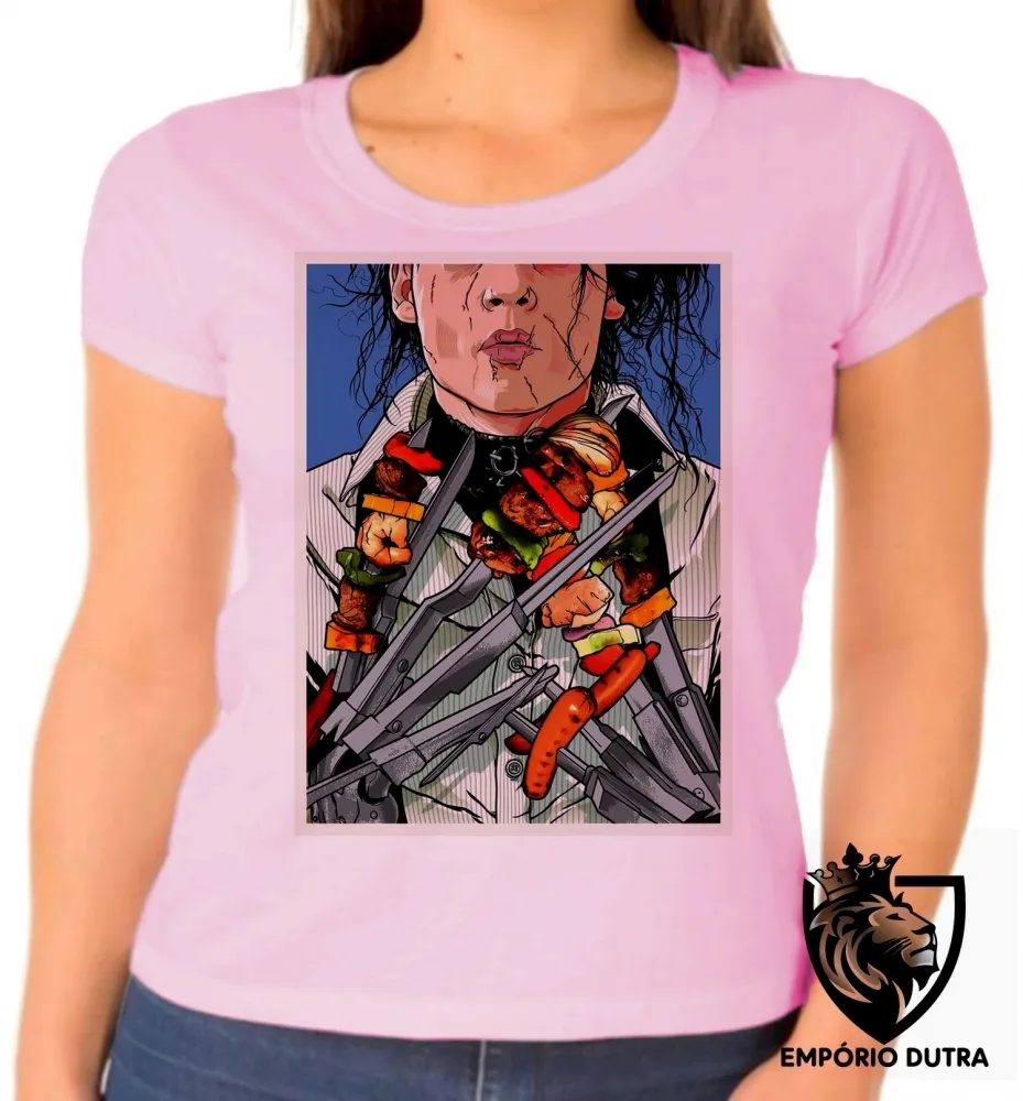 Baby look blusa Feminina Edward Mãos de tesoura churrasco Imagem