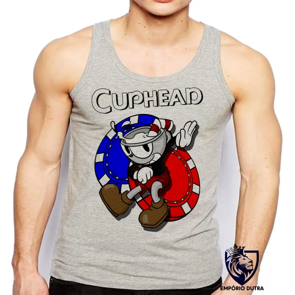 Camiseta Regata adulto ou infantil Cuphead azul vermelho jogo game