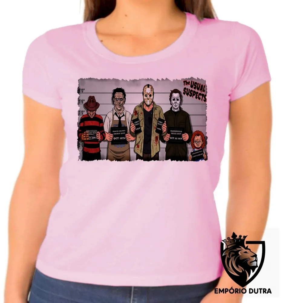Baby look blusa Feminina jason chuck Freddy Krueger Massacre da Serra Elétrica Halloween vilões