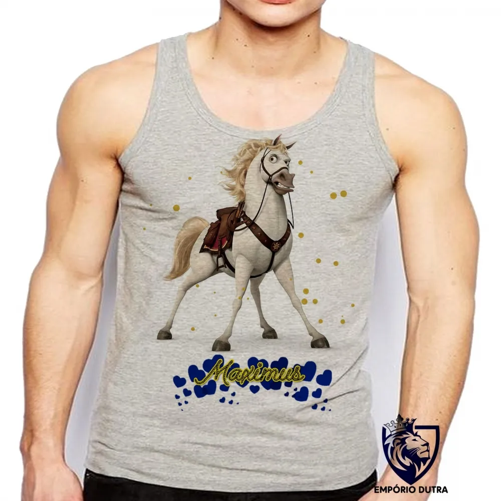 Camiseta Regata adulto ou infantil Maximus corações rapunzel cavalo