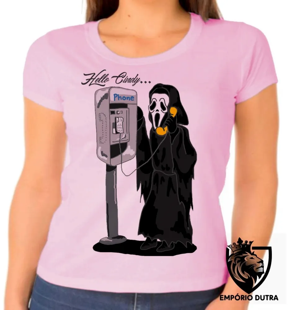 Baby look blusa Feminina Pânico terror Hello Cindy telefone orelhão