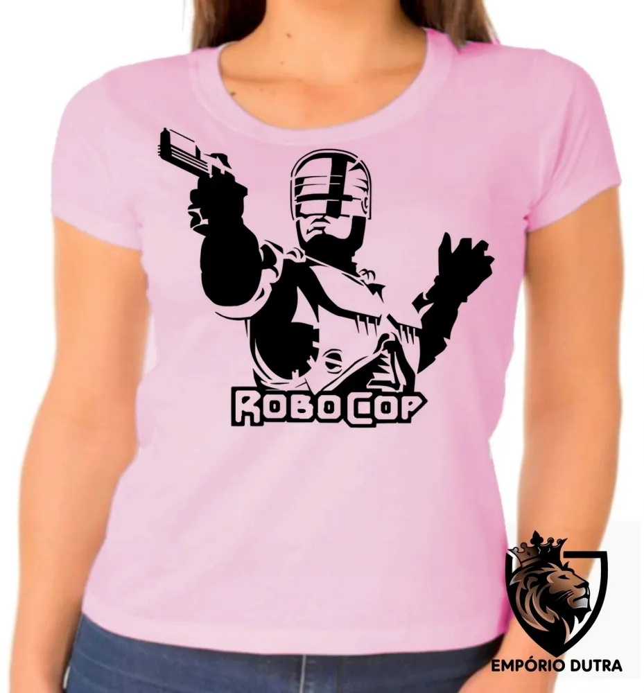 Baby look blusa Feminina Robocop policia arma pistola robo