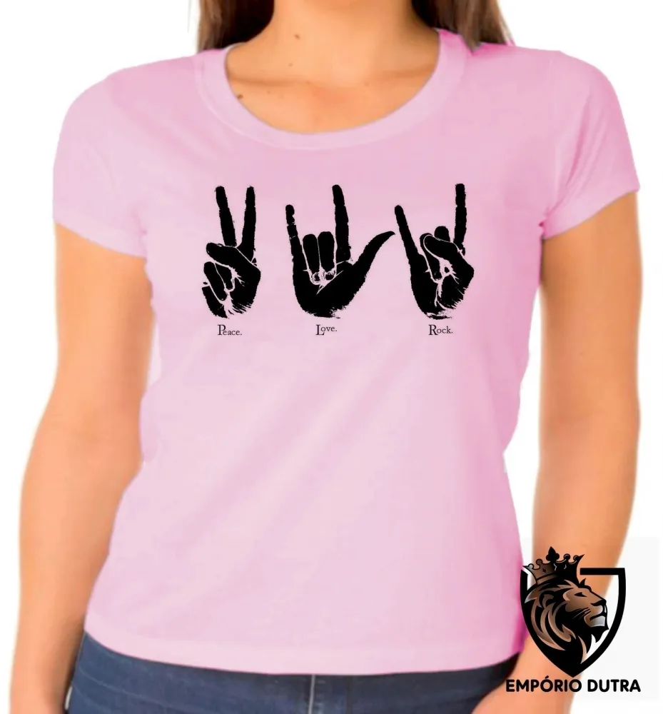 Baby look blusa Feminina Paz love rock libras linguagem sinais