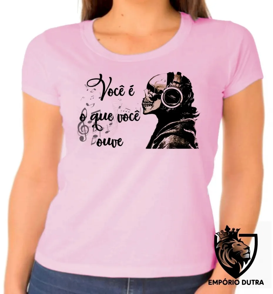 Baby look blusa Feminina Você é o que você ouve musica caveira Imagem